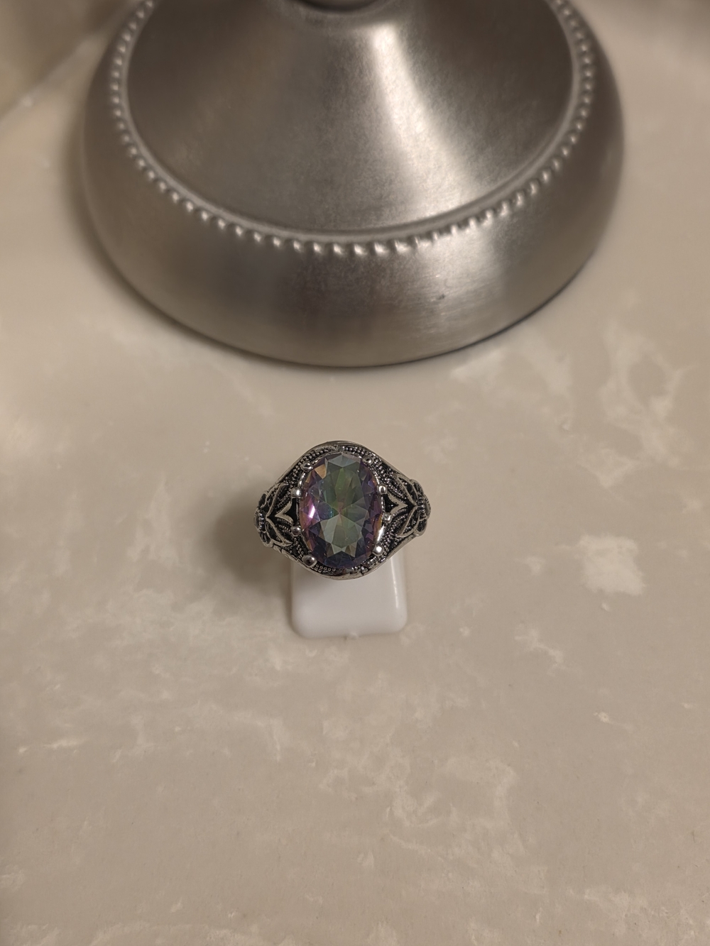 Mystic Topaz Vintage-Style Silver Ring - Iridescent Purple-Green